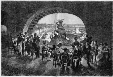 Le dessous de la cascade du jardin du Trocadéro pendant les grandes chaleurs à Paris, où les promeneurs parisiens viennent s