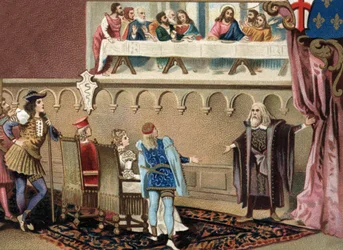 Léonard de Vinci (1452 - 1519) montrant sa fresque « La Cène » à Ludovic Sforza dit Le More, duc de Milan, au réfectoire de Santa Maria delle Grazie à Milan.