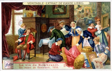 Chromolithographie Liebig sur la vie de Rembrandt (1606 - 1669), peintre néerlandais. Voici les revers de Rembrandt en 1656