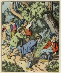 Le Petit Poucet et ses frères perdus dans la forêt abandonnés par leurs parents. Illustration du conte « Le Petit Poucet » de Charles Perrault.