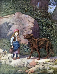 Le Petit Chaperon Rouge rencontrant le loup dans la forêt - dans "Les Contes de Perrault"