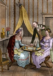 Petit dîner. Olympe de Gouges (1748-1793), femme de lettres et révolutionnaire française avec Céline, une de ses amies. Dans « Conseils à ma fille » par Jean Nicolas Bouilly (1763-1842). 1820. Collection privée.