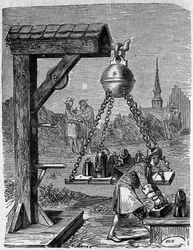 Chargement des hémisphères de Magdebourg suspendus. Gravure de « Experimenta Nova Magdeburgica de vacuo spatio » par Otto von Guericke