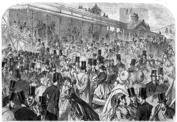 Hippodrome de Longchamp : les tribunes des courses du Bois de Boulogne le lundi 22 avril. Gravure dans "L