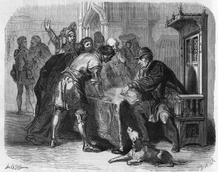 Louis XI, roi de France, apprenant la mort de Charles le Téméraire le 7 janvier 1477. Gravure du 19ème siècle.