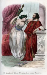 Lucrèce Borgia (1480-1519) avec son frère César Borgia. Gravure de 1842 dans « Histoire des papes : crimes, meurtres, empoisonnements, parricides, adultères, incestes... » par Maurice Lachatre. Collection privée.