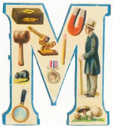 M : allumettes, aimant, maillet, microscope, souris, médaille, homme, loupe, champignons