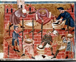 Maçons et constructeurs de maisons. Miniature tirée des « Faits des Romains », XIIIe siècle. Venise, Biblioteca Marciana