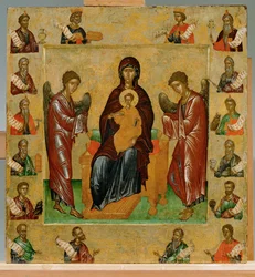 Vierge trônant, archanges et deux saints, entourés