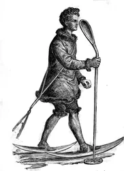 Homme en costume traditionnel khanty (khante ou ostiak) chassant l