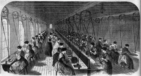 Fabrication de plumes cimentées : ouvriers dans un atelier d