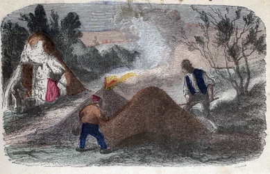 Fabrication de charbon au XIXe siècle : charbonniers devant des meules composées de bois et d
