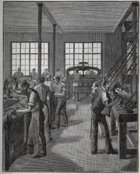 Fabrication de porte-plume et de porte-crayon. Gravure de 1885 dans « Les arts et métiers illustrés » par Adolphe Bitard.