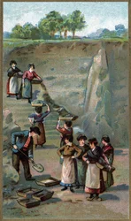 Fabrication de porcelaine, carrière de kaolin. Chromolithographie de la fin du XIXe siècle