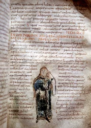 Page manuscrite de « De simplicibus medicamentis » de Claude Galien (Klaudios Galenos ou Claudio Galeno ou Claudius Galenus ou Galen, v. 131 - v. 201). 8e ou 9e siècle. Governativa de Lucca