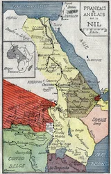Carte des territoires africains colonisés par les Français et les Anglais le long du Nil. Illustration dans "Le Pèlerin" du 2 octobre