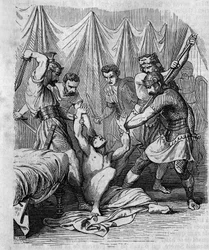 Marcus Hordeonius Flaccus, sénateur romain, massacré par ses propres soldats au Ier siècle. Gravure du XIXe siècle.