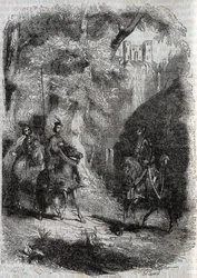 Marphise et la vieille rencontrent Pinabel - gravure de 1851 de « Roland furieux » (Orlando furioso) (16e siècle) par Ludovico Ariosto, traduit de l