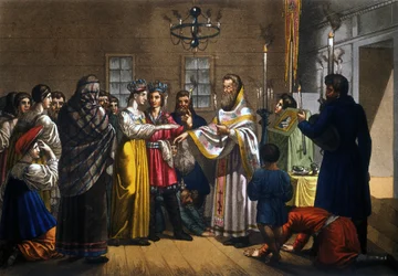 Mariage de paysans russes célébré selon le rite orthodoxe