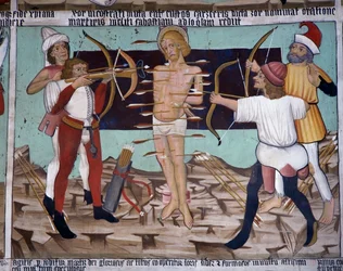 Martyr de Saint Sébastien, vie de Saint Sébastien (15ème siècle), fresques, Chapelle de Saint Sébastien, Villard-de-Lans, Rhône-Alpes, France.