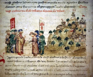 Mastino II della Scala (1308 - 1351) cède à la ville de Florence de nombreuses terres de Lucques, vers 1300 - dans les « Croniche del Sercambi », vers 1400. Archives nationales, Lucques.
