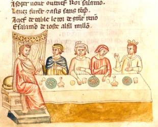 Repas du roi et de ses sujets. Miniature du 12ème siècle. Biblioteca Marciana Venise