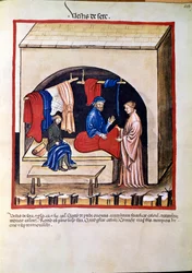 Commerce de la médecine : « marchand de vêtements en soie » Page tirée de « Tacuinum sanitatis » (Cod. ser. nov. 2644) Vers 1400. Vienne, Österreichische Nationalbibliothek