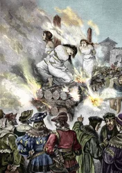 Inquisition médiévale : bûcher de sorcières dans une ville française