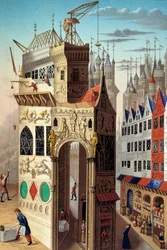 Moyen Âge : scène de rue au XVe siècle. Commerçants et ouvriers dans une rue, 20e siècle (illustration)