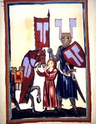 Miniature du Codex "Manesse", ou "Manessesche Liederhandschrift", manuscrit réalisé en Alsace entre 1300 et 1330 pour un notable de Zurich. Représentation de Wolfram von Eschenbach, poète allemand, auteur du roman "Parzival" entre 1200 et 1210.
