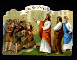 Miracles de Jésus. Christ guérissant les lépreux. Chromolithographie du 19ème siècle