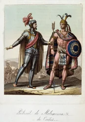 Montezuma II, roi aztèque, et Hernan (ou Hernando) Cortes ou Fernand Cortez (1485-1547), conquistador espagnol - dans « Le Costume ancien et moderne » par Ferrario, éd. Milan