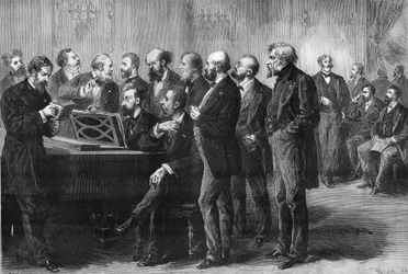 Concours musical de la ville de Paris en 1878. Le jury au Palais du Luxembourg examinant les partitions de « Paradis perdu » et « Mug ». De gauche à droite : Colonne, Perrin, Cherouvrier, Gounod, Boulanger, Camille Saint-Saëns, Lenepveu, Vaucorbe