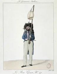 Musicien dans la rue: le grimacier italien - gravure, Carnavalet.