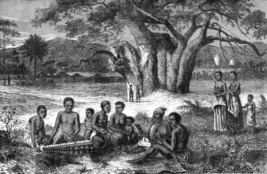 Musiciens des rives du fleuve Zambèze, Afrique. Gravure 1885