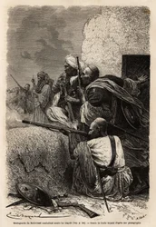 Montagnards musulmans réinstallés dans les montagnes de Svat, combattant une expédition anglaise en 1863 pour arrêter le pillage des villages de la région. Gravure pour illustrer l