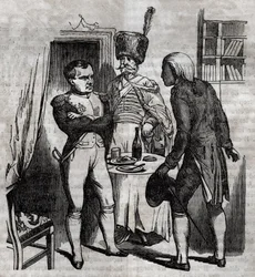 Napoléon Ier en présence de Jean Nicolas Corvisart (1755-1821) médecin, gravure anglaise dans « La Santé Universelle - Guide Médical des Familles » 1852