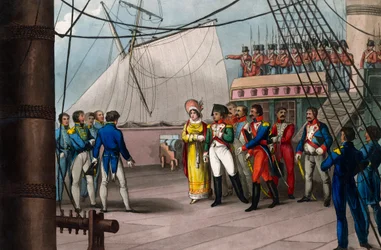 Napoléon se fie à la loyauté britannique - Napoléon Bonaparte à bord du Bellerophon, le navire britannique qui le conduisit en exil à Sainte-Hélène (Sainte-Hélène) le 15 juillet 1815 - Napoléon le Grand, se livrant à la générosité de la nation britannique