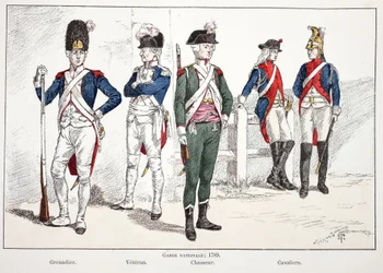 Garde nationale, en 1789, de gauche à droite : le grenadier, le vétéran, le chasseur et les cavaliers. Eau-forte en couleurs pour illustrer le livre «Histoire du corps des gardiens de la paix», publié sous les auspices de Louis Lépine (1846-1933), pre