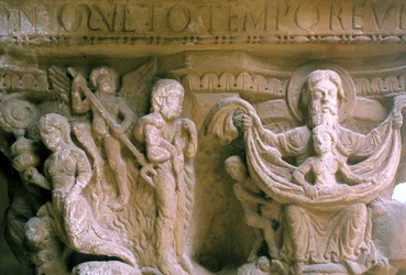 Art normand à Monreale (Sicile) : chapiteaux du Cloître des Bénédictins représentant le Christ et Dieu