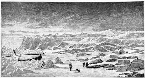 Pôle nord : igloos et bateau brise-glace (Ice Breeze), dessin, printemps 1873