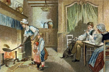 Ancienne coutume célébrée dans la région du Berry : les crêpes au chandelier. Chromolithographie de la fin du 19ème siècle.