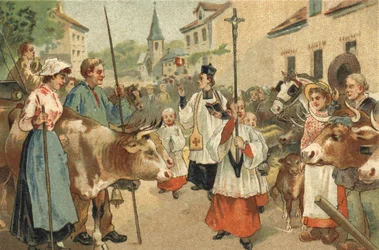 Ancienne coutume célébrée dans la région du Nivernais : la bénédiction des troupeaux. Chromolithographie de la fin du XIXe siècle