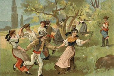 Ancienne coutume célébrée dans la région de Provence : la farandole pour les fêtes de la récolte des vers à soie. Chromolithographie de la fin du 19ème siècle
