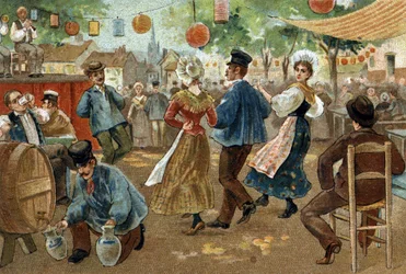 Ancienne coutume célébrée dans la région des Flandres : Foire flamande. Chromolithographie de la fin du 19ème siècle