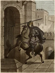 Otton II du Saint-Empire, dit le Roux (955-983) irrité de ne pas pouvoir pénétrer dans Paris (siège de Paris, 978), marche sous les murs de la ville pour planter sa lance dans la porte