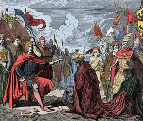 Ottokar II (1230-1278) hommage à Rodolphe I - Ottokar II (1233-1278) roi de Bohême, rend hommage à Rodolphe I du Saint Empire (ou Rodolphe IV de Habsbourg) (1218-1291), après la bataille de Marchfeld, en 1278
