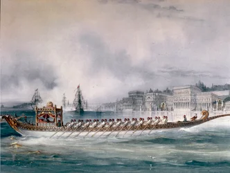 Empire ottoman : représentation du bateau du Sultan sur le Bosphore à Istanbul