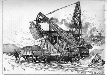 Travaux du canal de Panama. Principales machines : excavatrice Osgood. Gravure dans "Le Monde Illustré"