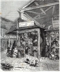 Paris 3ème arrondissement - Carré de la Forêt-Noire : vente de cuir et de chaussures au Carreau du Temple au 19ème siècle - Gravure dans « Tableau-de-Paris » par Edmond Texier
